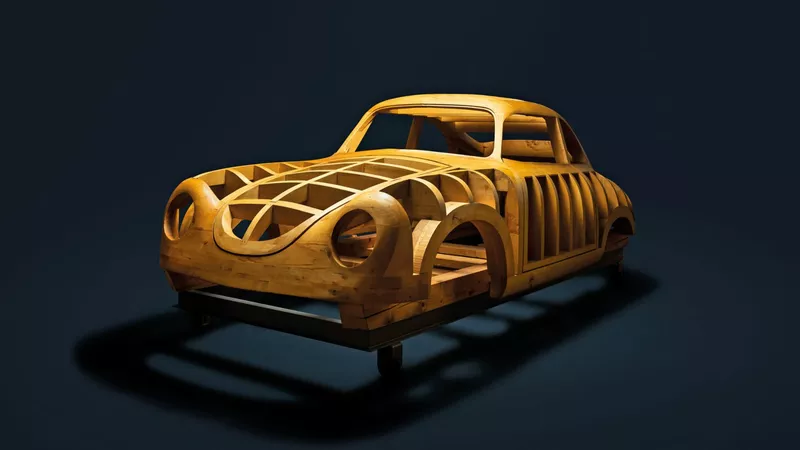 The Porsche 356 was initially manufactured by hand with a wooden frame.